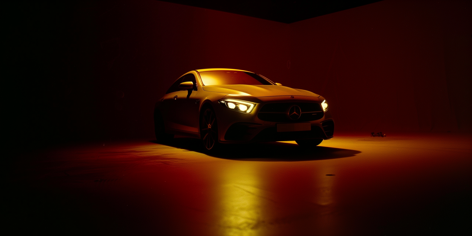 a yellow sports car in a dimly lit room