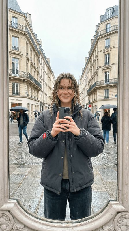 a woman taking a selfie in front of a mirror