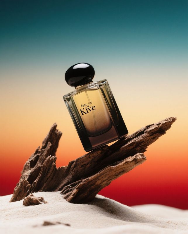 a bottle of kve sitting on top of a piece of driftwood