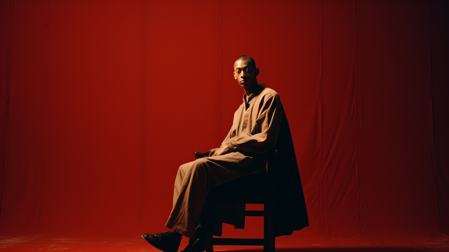 a man sitting on a chair in front of a red wall