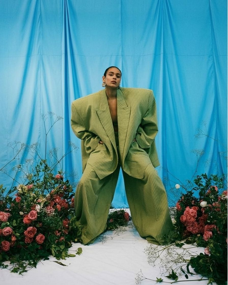 a man in a green suit standing in front of flowers