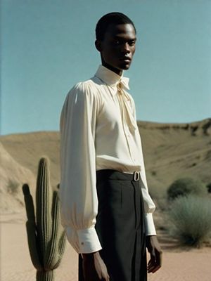 a man standing next to a cactus in the desert