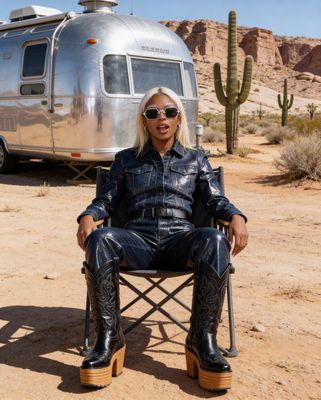 a woman sitting in a chair in front of a trailer