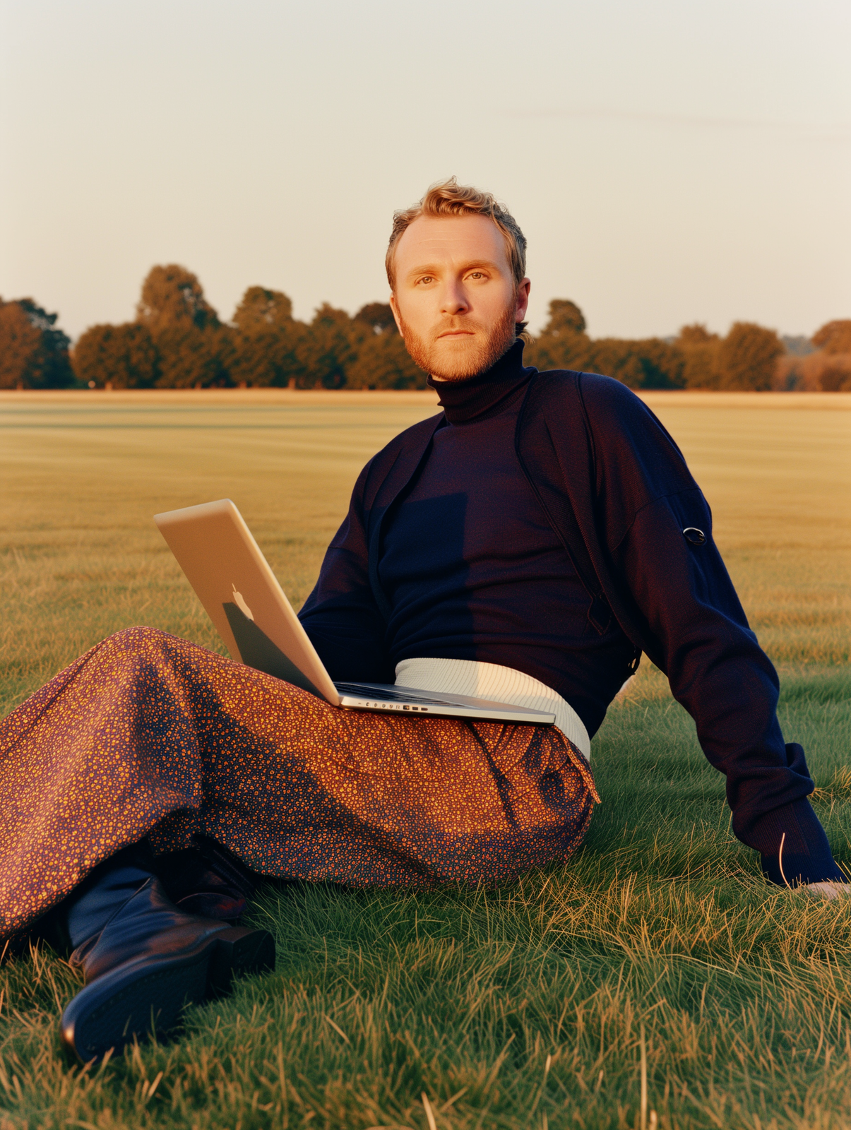 a man sitting in the grass with a laptop