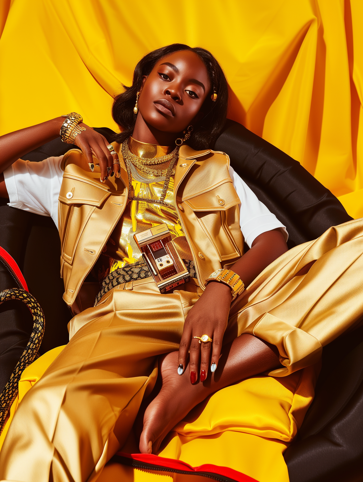 a woman sitting on a chair wearing a gold outfit