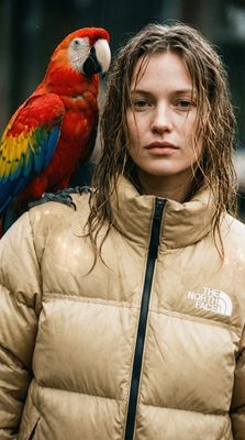 a woman holding a parrot on her shoulder