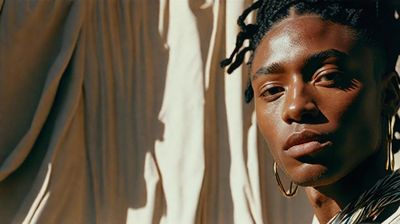 a man with dreadlocks standing in front of a curtain