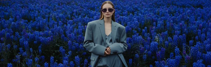 a woman standing in a field of blue flowers