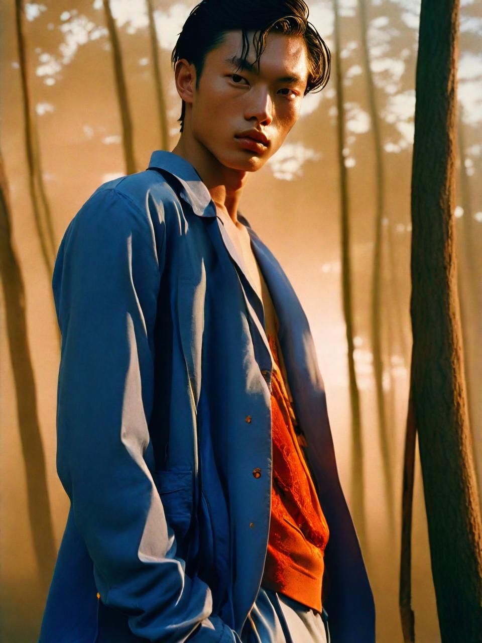 a man in a blue jacket standing in a forest