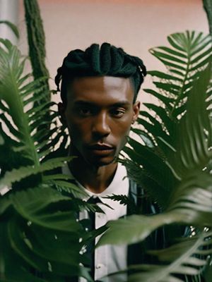 a man with dreadlocks standing in front of a plant