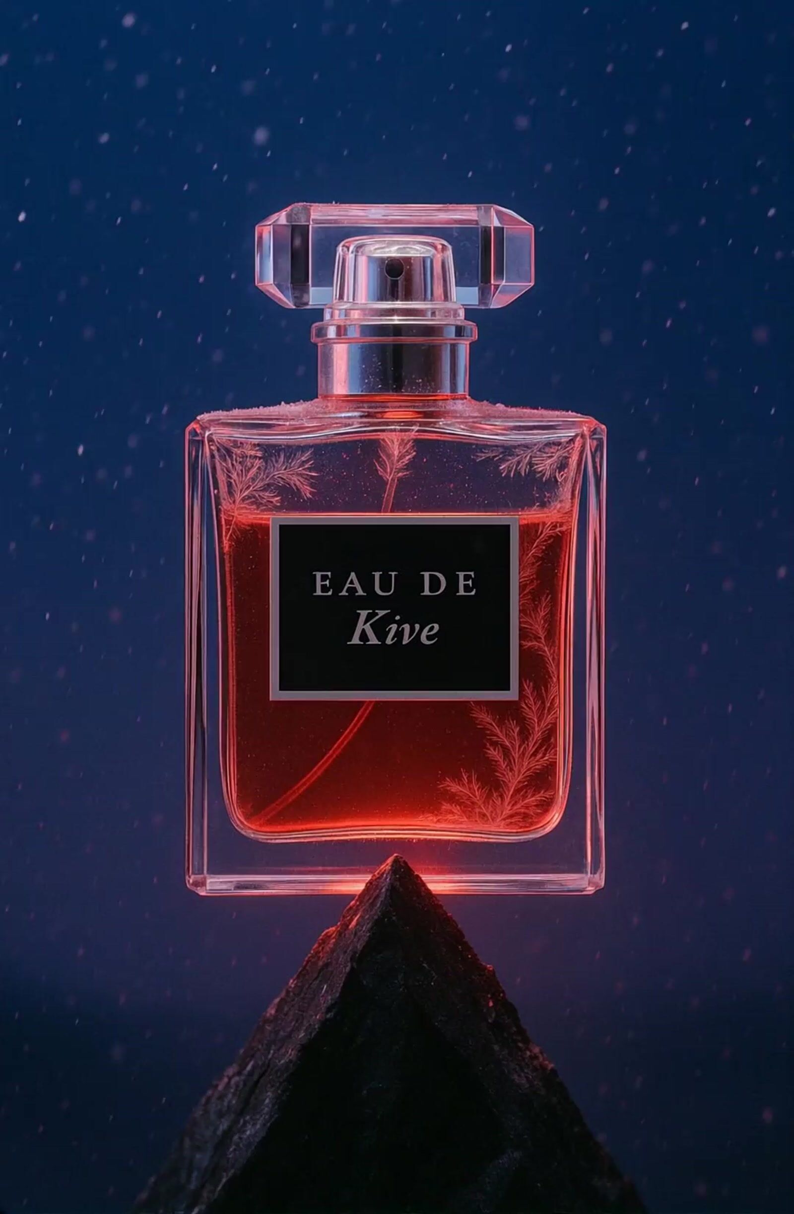 a bottle of perfume sitting on top of a mountain