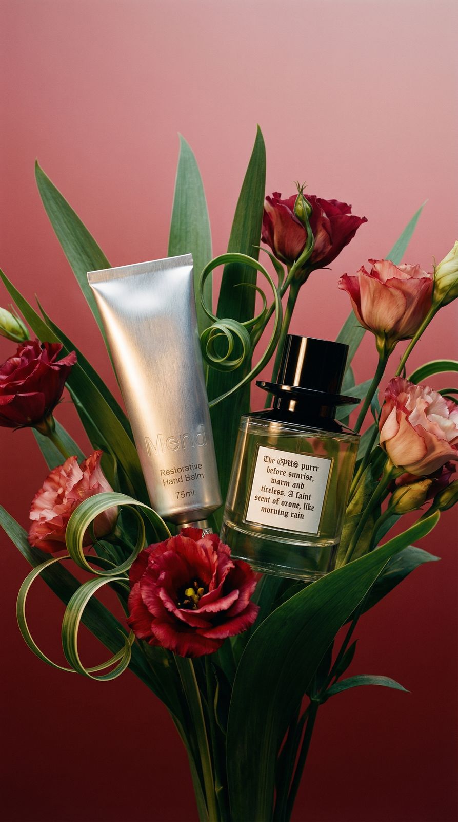 a vase filled with flowers and a bottle of perfume