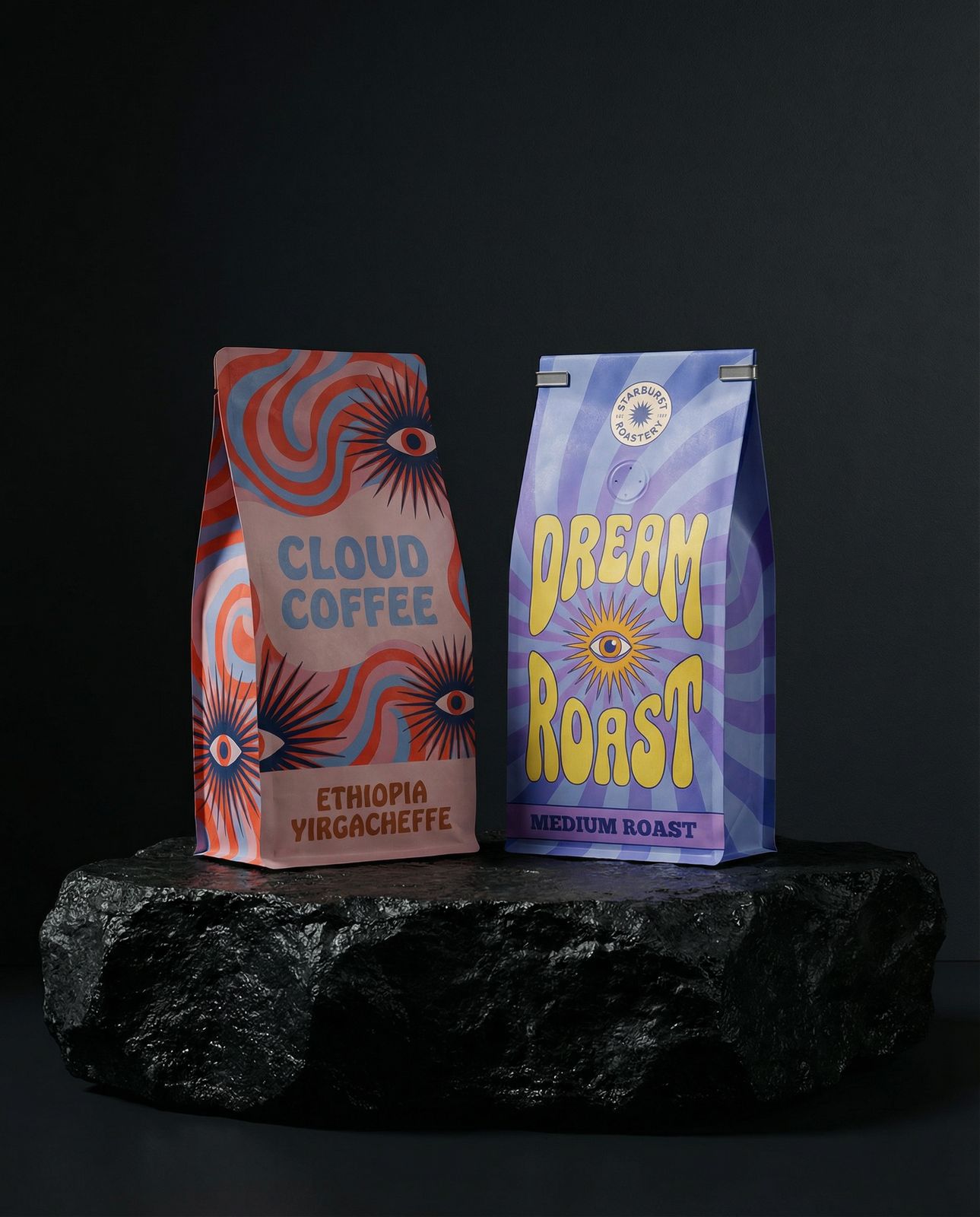 two bags of coffee sitting on top of a rock