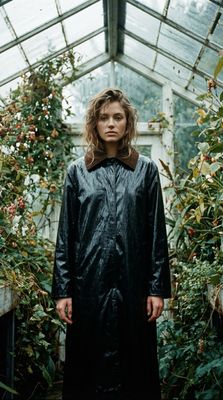 a man standing in a greenhouse wearing a black coat