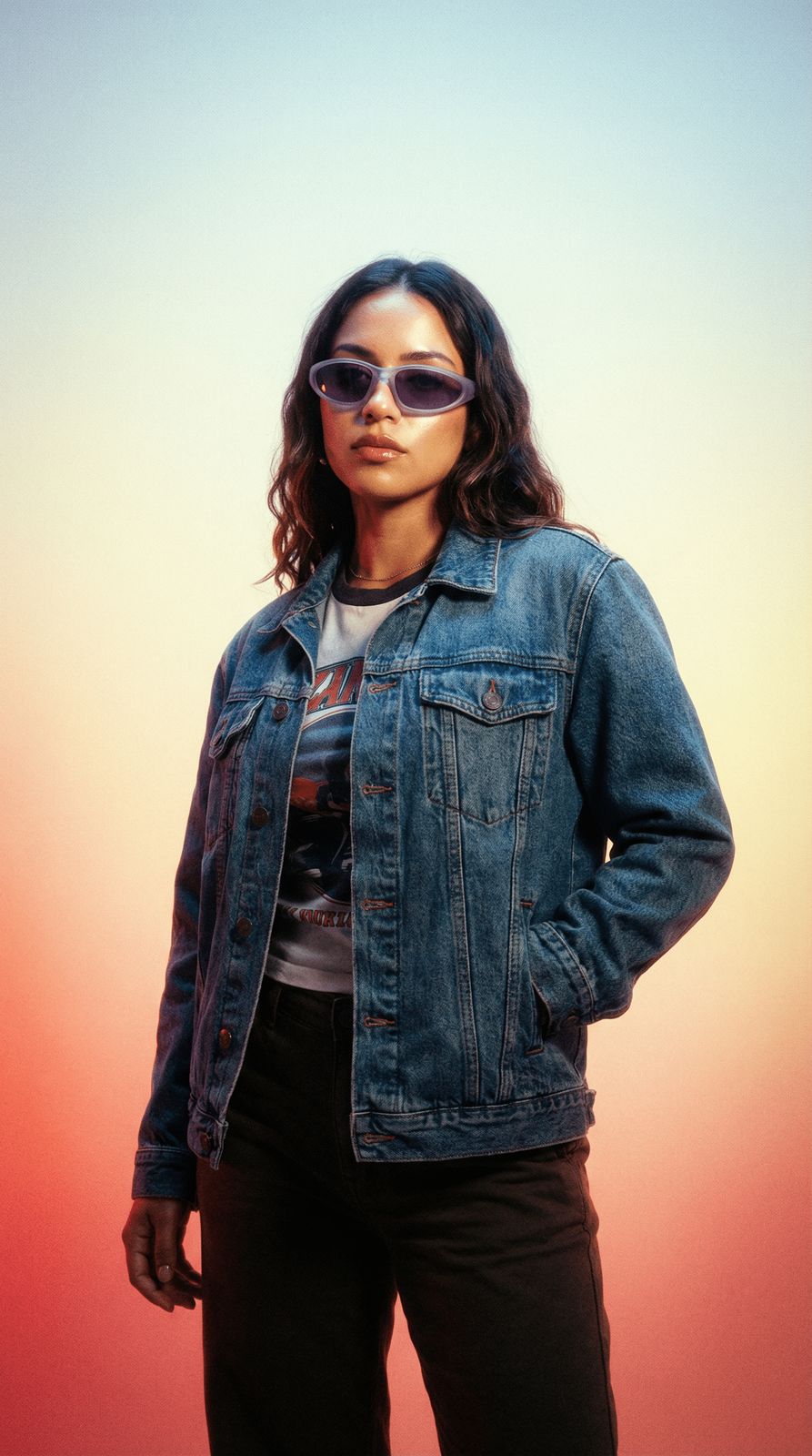 a woman wearing a jean jacket and sunglasses