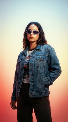 a woman wearing a jean jacket and sunglasses