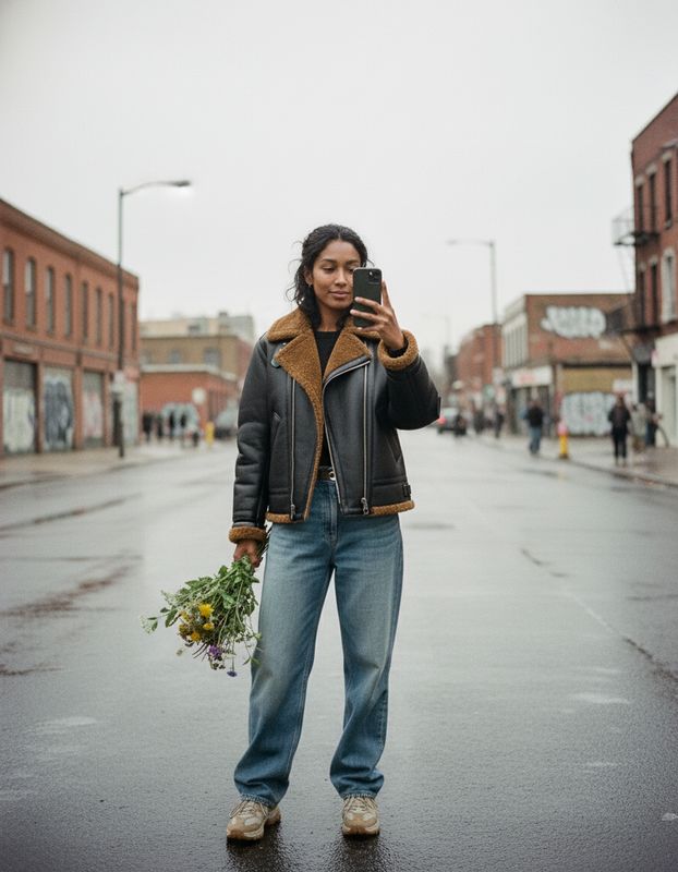 a woman taking a picture of herself in the street