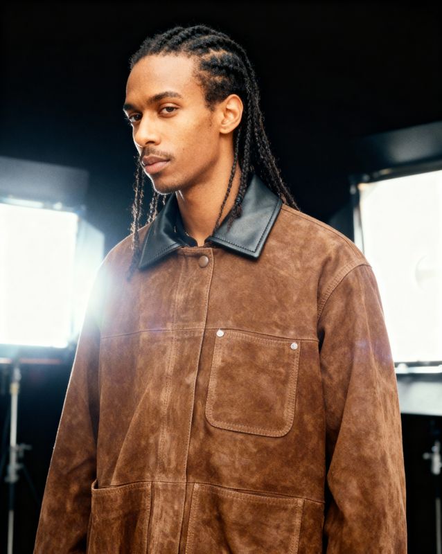 a man with dreadlocks wearing a brown jacket