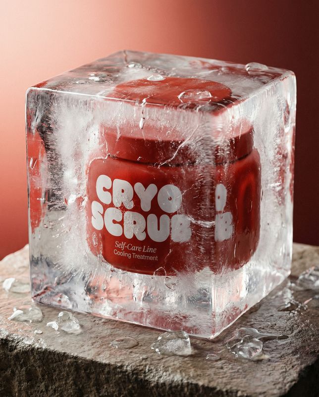 a cube of ice with a red beverage in it