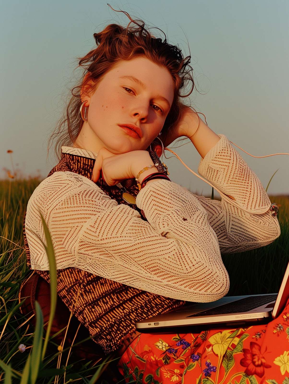 a woman sitting in the grass with a laptop