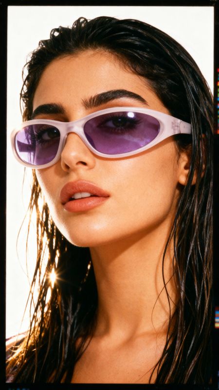 a woman with long hair wearing purple sunglasses