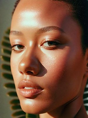 a close up of a woman's face wearing a necklace