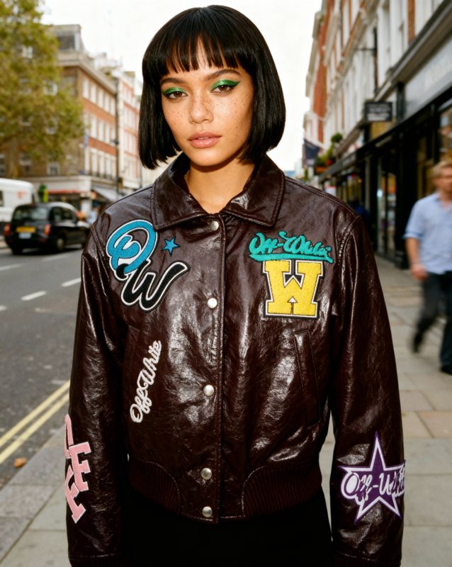 a woman wearing a brown leather jacket with patches on it