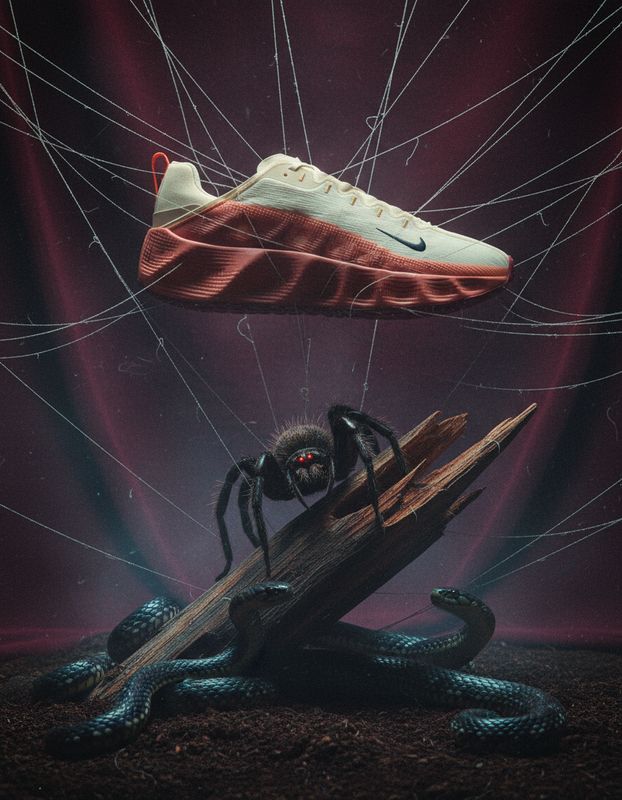 a spider and a pair of shoes on top of a piece of wood