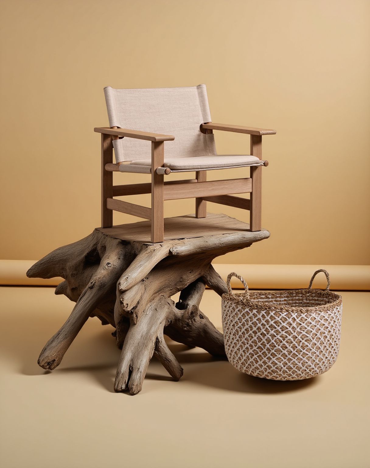 a chair sitting on top of a tree stump next to a basket