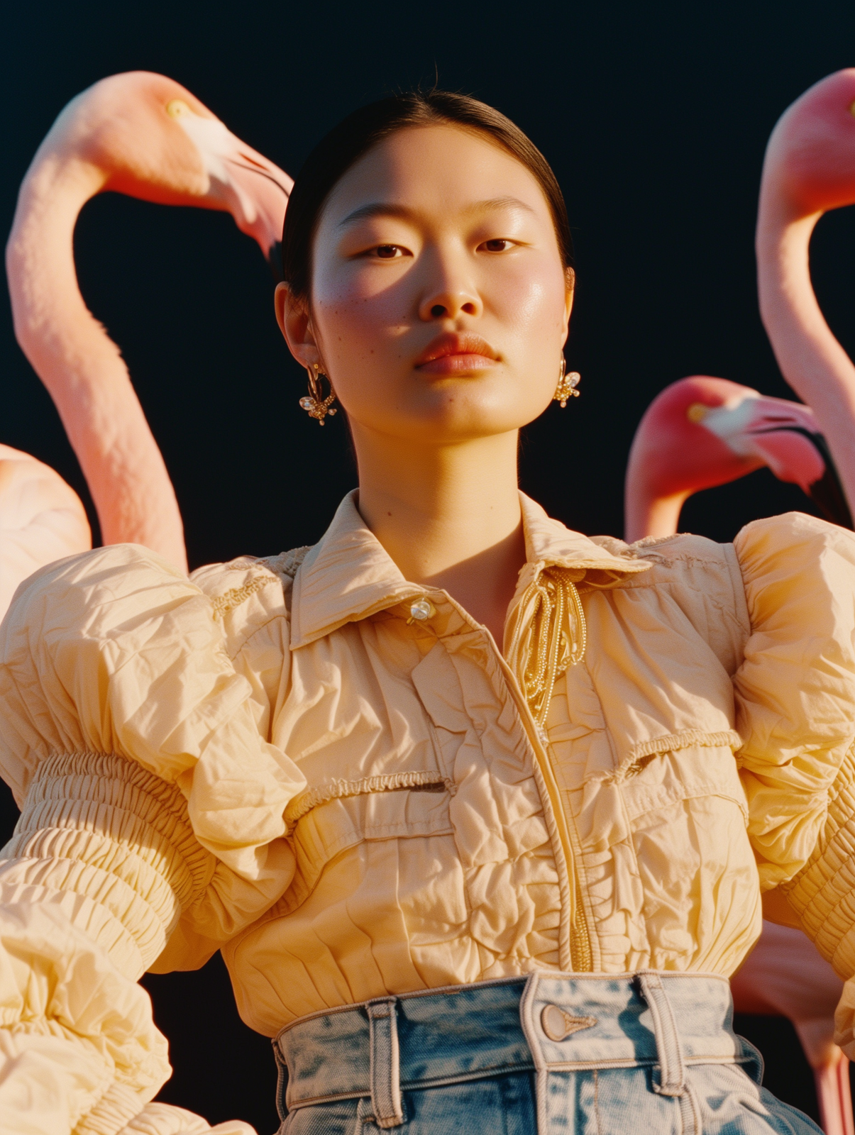 a woman standing in front of a group of flamingos