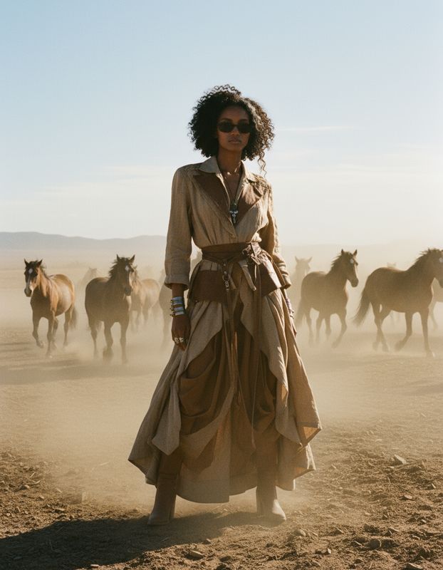 a woman in a dress standing in front of a herd of horses