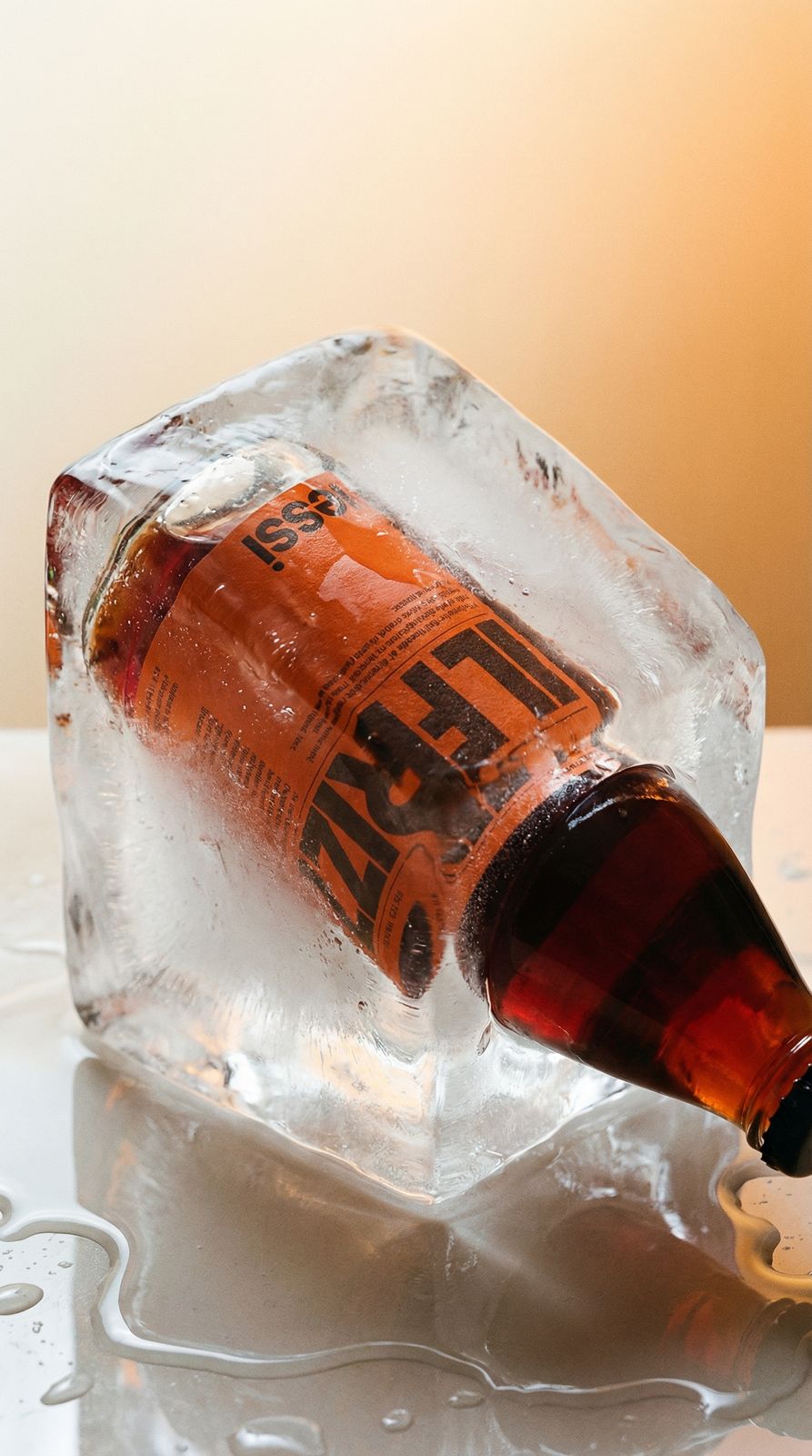 a bottle of beer sitting on top of an ice block