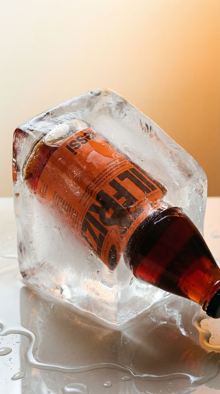 a bottle of beer sitting on top of an ice block