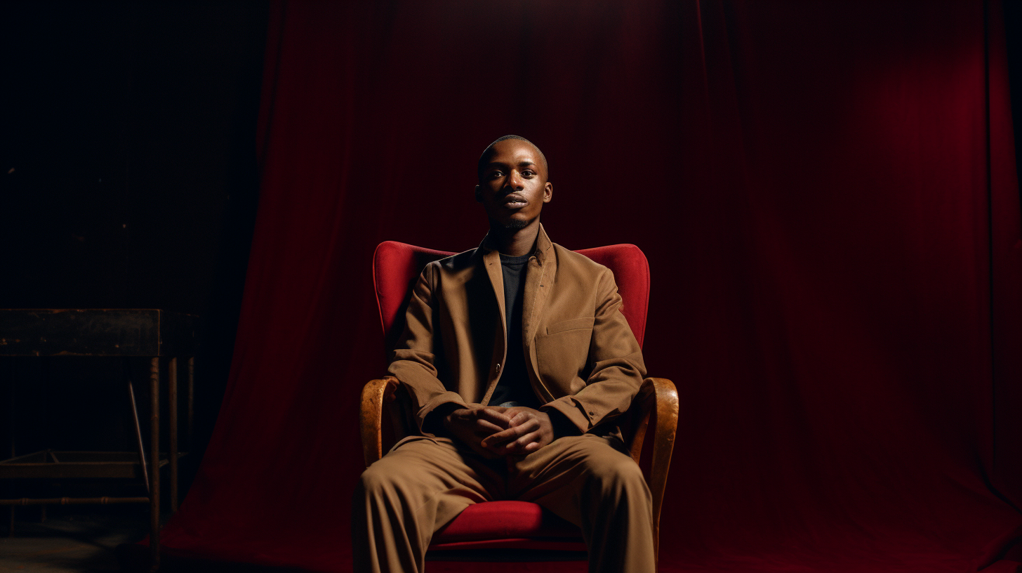 a man sitting in a chair in front of a red curtain