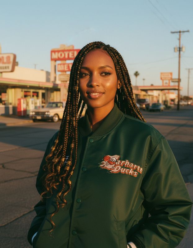 a woman with braids standing in front of a motel