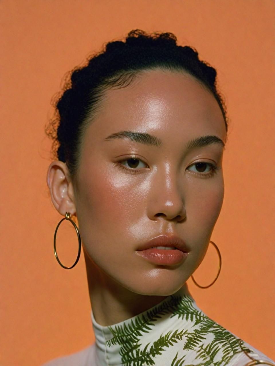 a woman wearing large hoop earrings and a white shirt