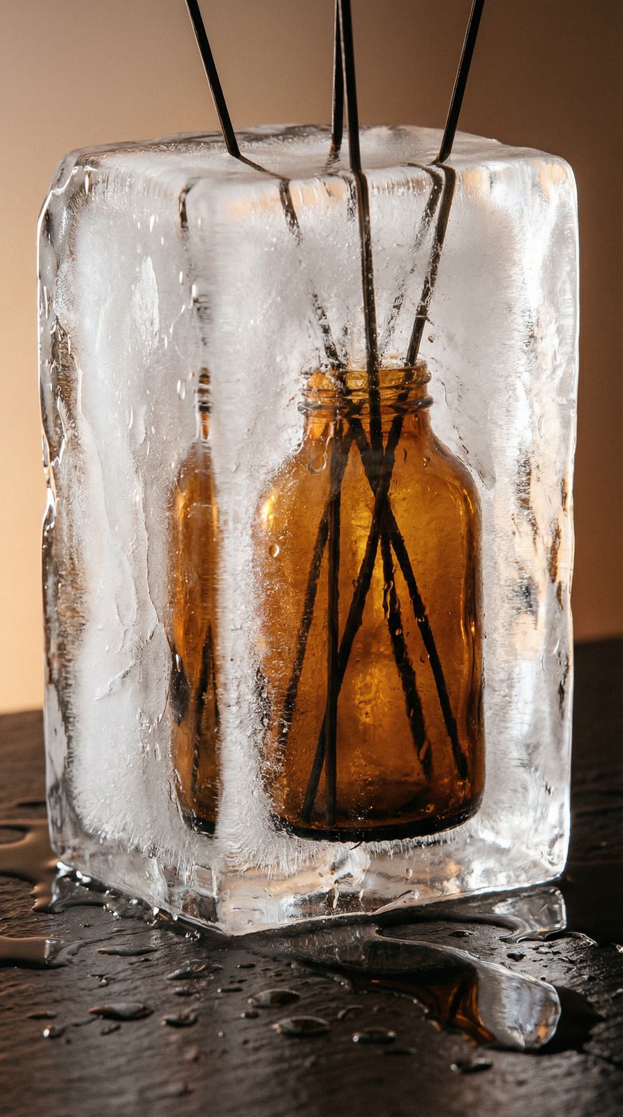 a couple of bottles sitting on top of an ice block