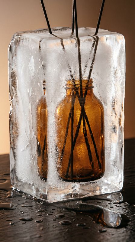 a couple of bottles sitting on top of an ice block