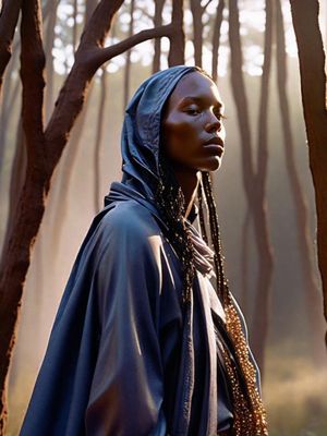 a woman standing in a forest with a hood on