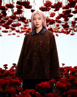 a woman with pink hair standing in a field of flowers