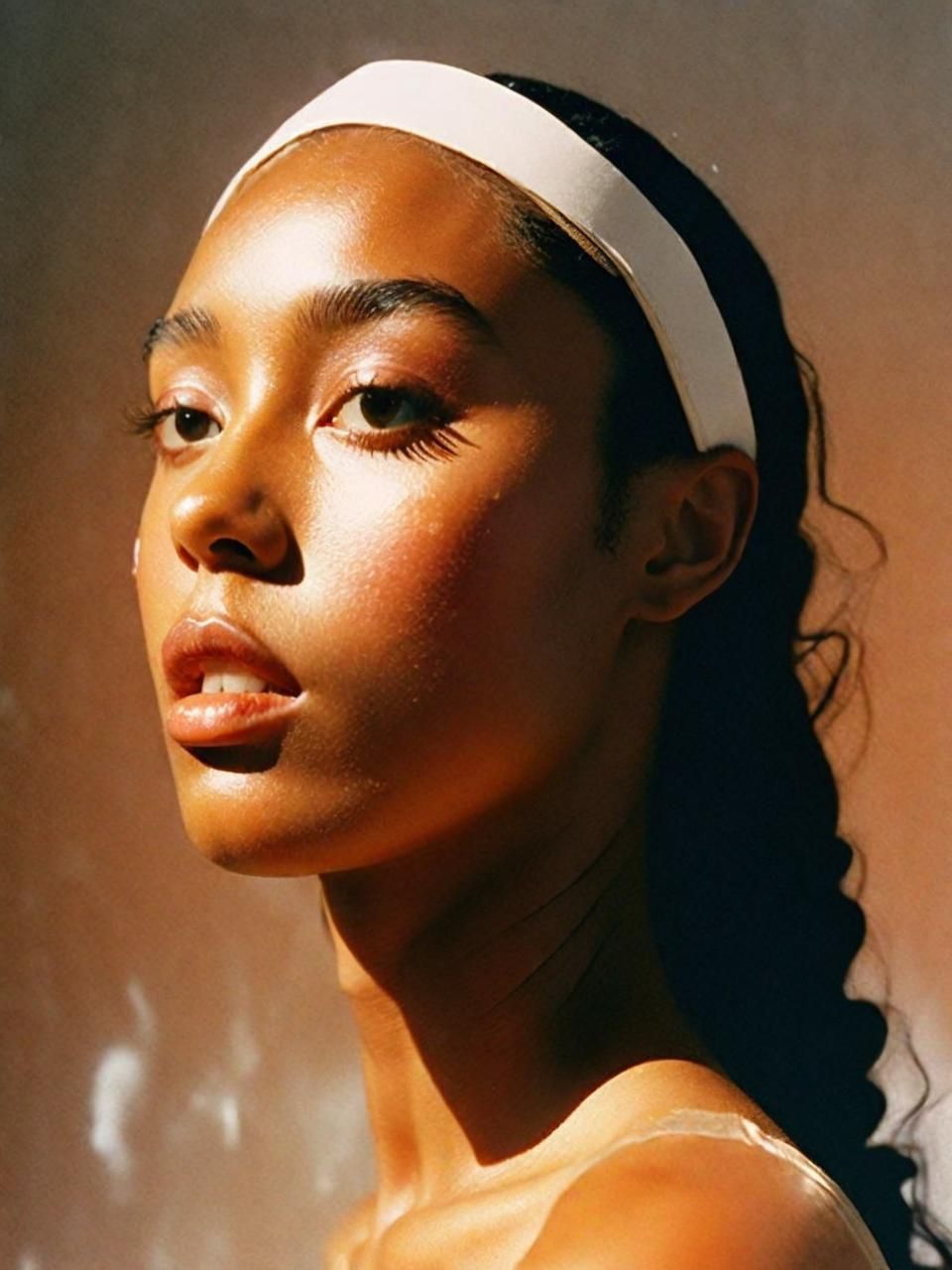 a woman with a white headband on her head