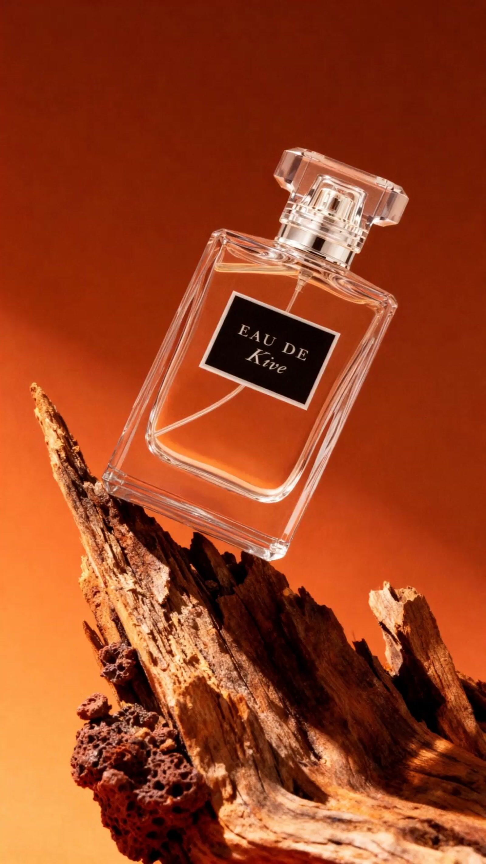 a bottle of perfume sitting on top of a piece of wood