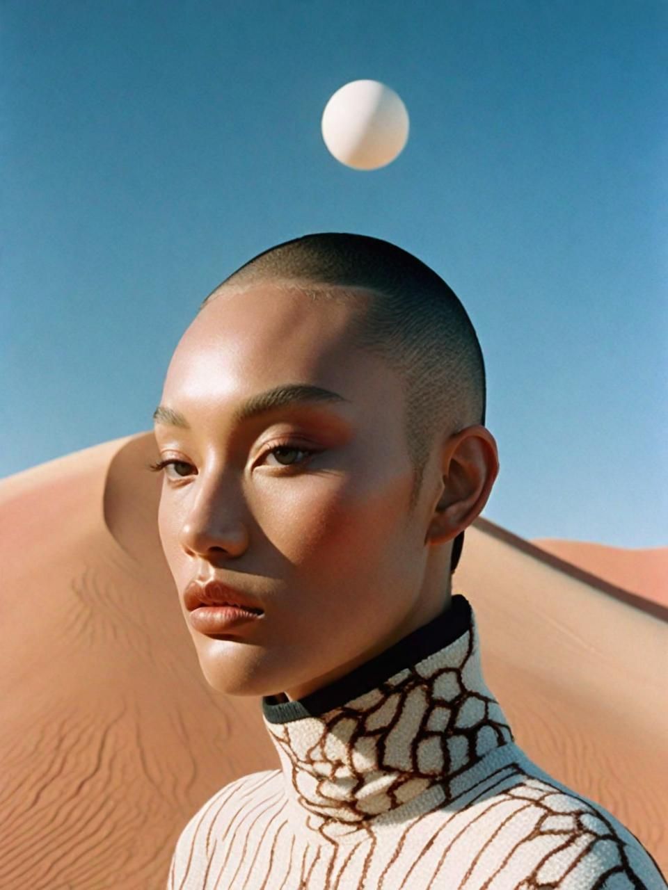 a woman standing in the desert with a ball in the air