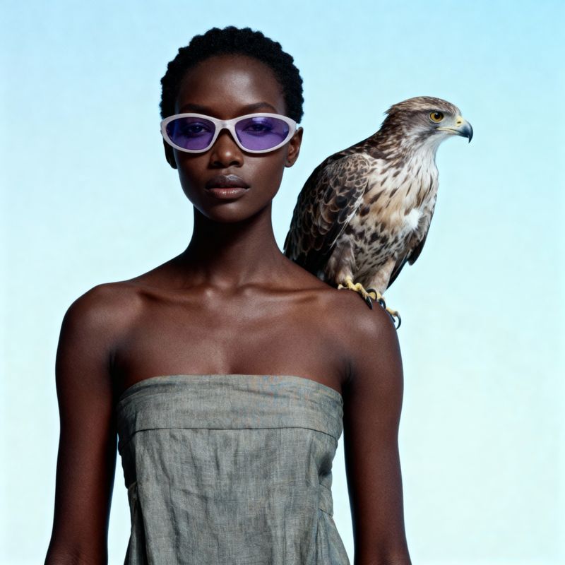 a woman with sunglasses and a bird on her shoulder