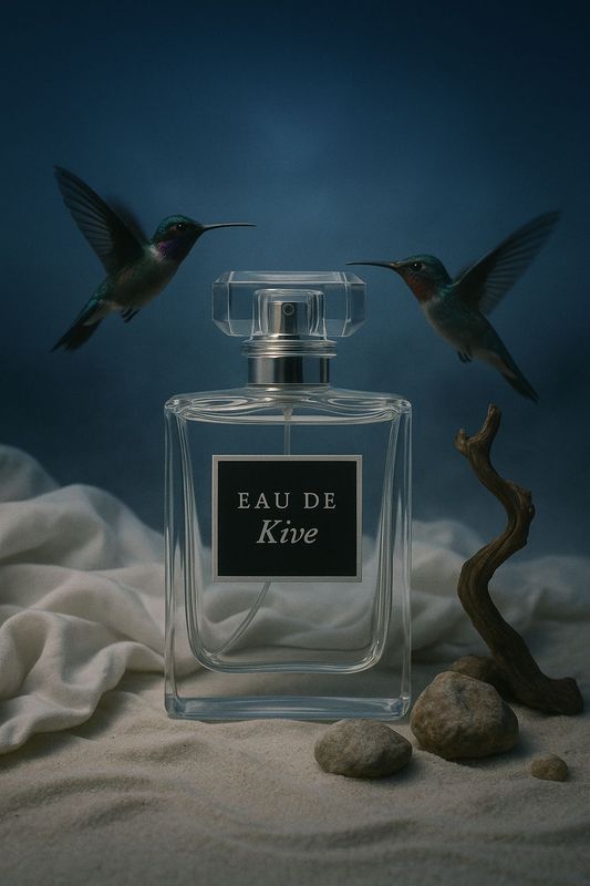 a bottle of perfume sitting on top of a bed