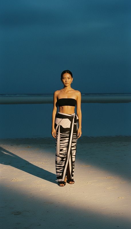 a woman standing on a beach in a black and white skirt