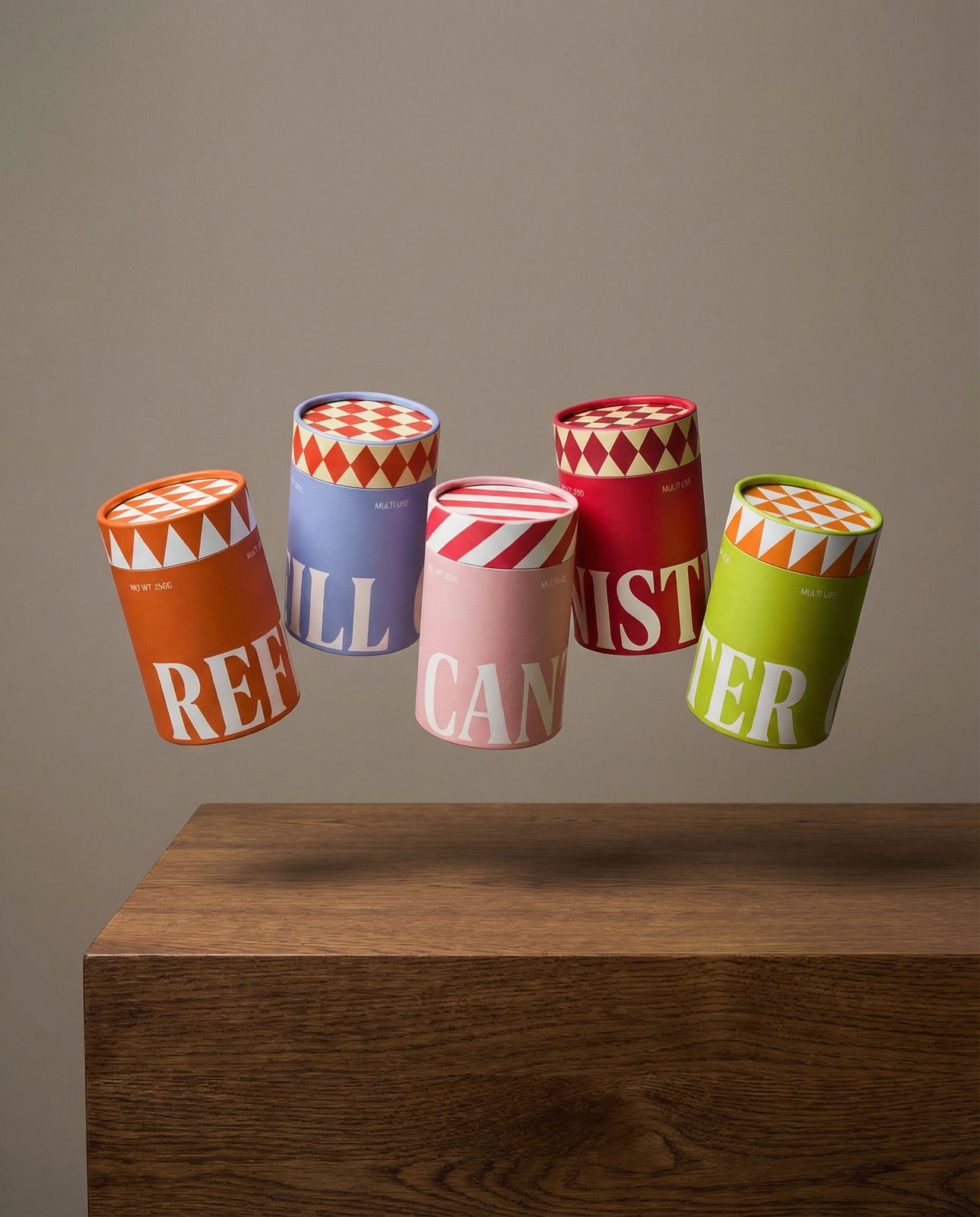 a group of colorful cups sitting on top of a wooden table