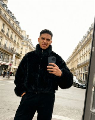 a man in a fur coat taking a selfie
