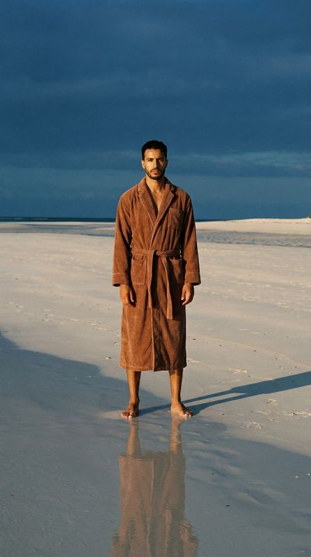 a man in a bathrobe standing on a beach