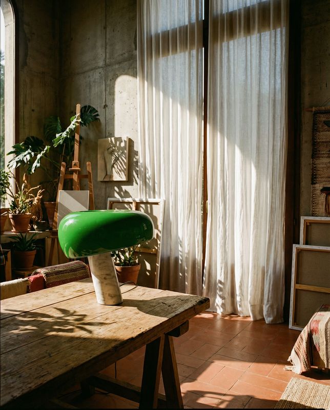 a green object sitting on top of a wooden table